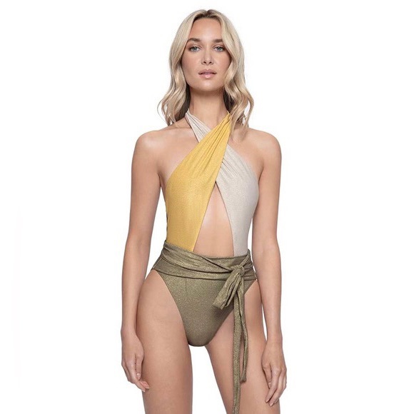 PQ Alex One Piece With Plunge Neck And Foldover Waist Detail in Haven Gold - Picture 1 of 13